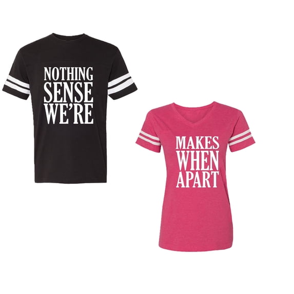 Nothing Sense Makes When Apart Unisex Couple Matching Cotton Jersey style T-Shirt Contrasting stripes on sleeves (Men Black / Women Pink) (Men S / Women XXL)