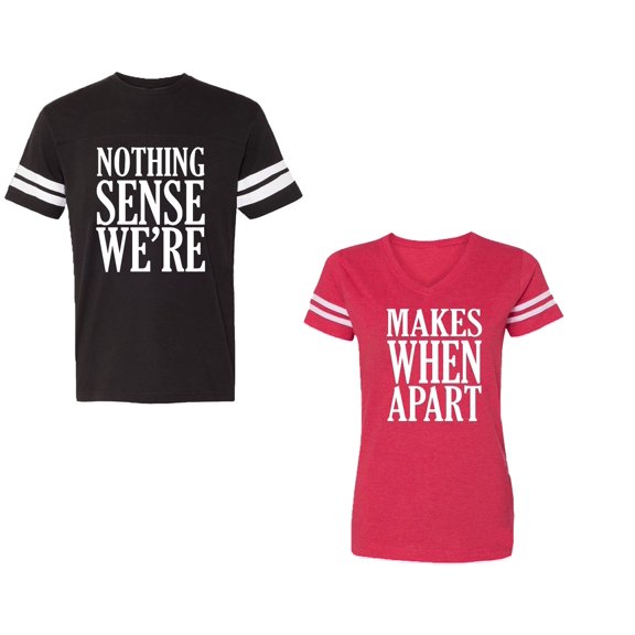 Nothing Sense Makes When Apart Unisex Couple Matching Cotton Jersey style T-Shirt Contrasting stripes on sleeves (Men Black / Women Red) (Men S / Women XXL)