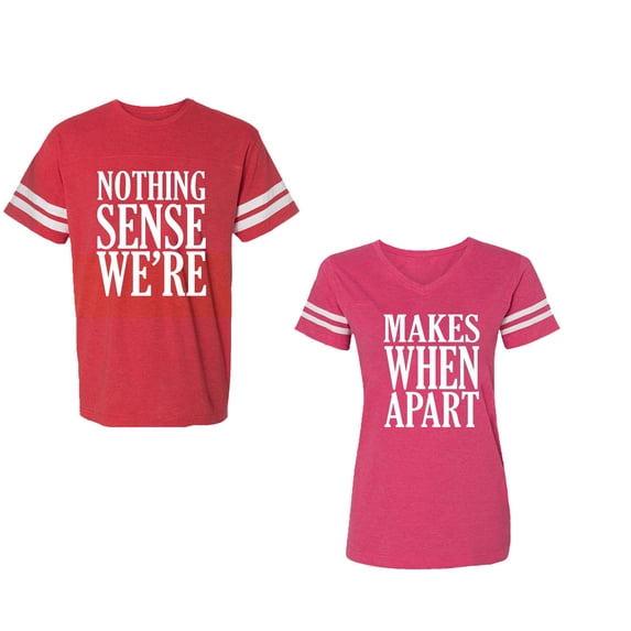 Nothing Sense Makes When Apart Unisex Couple Matching Cotton Jersey style T-Shirt Contrasting stripes on sleeves (Men Red / Women Pink) (Men XL / Women M)