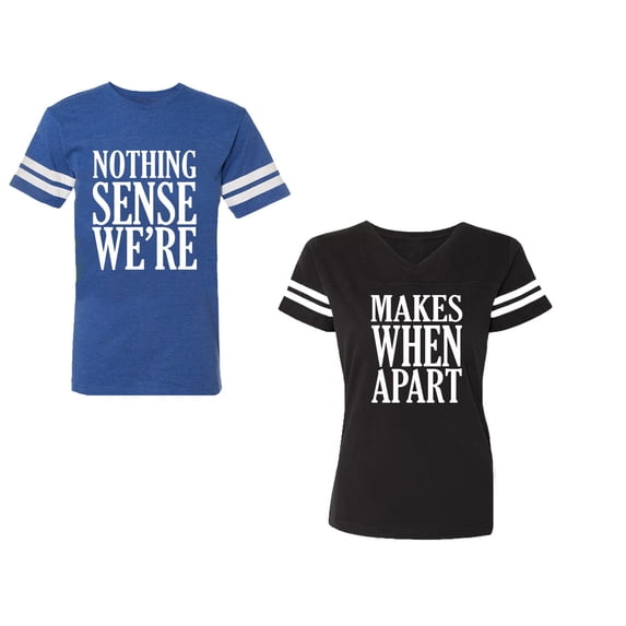 Nothing Sense Makes When Apart Unisex Couple Matching Cotton Jersey style T-Shirt Contrasting stripes on sleeves (Men Royal / Women Black) (Men S / Women S)