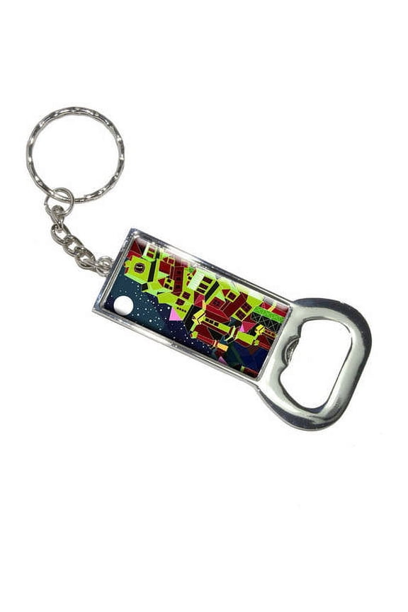 Steam Punk Town Dark Green Science Fiction Fantasy Keychain Bottle Bottlecap Opener