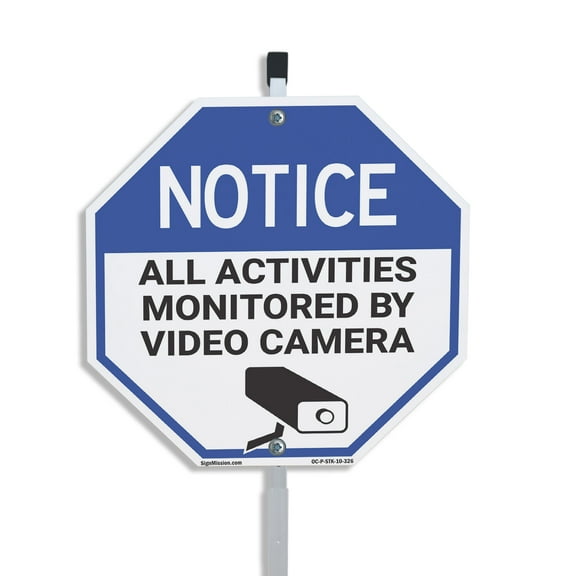 Notice All Activities Monitored by Video Camera 10 inch X 10 inch Octagon Plastic Sign with Aluminum Mounting Stake Weather Resistant UV Protected for Workplace Private Property and