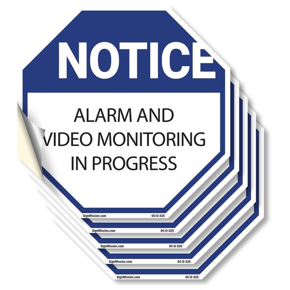 Notice Alarm and Video Monitoring in Progress (5 Pack) 6 inch X 6 inch Octagon Vinyl Label Decal Sticker Weather Resistant, UV Protected for Workplace, Made in the USA