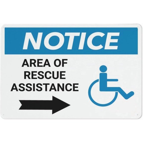 Notice Area Of Rescue Assistance With Ada Icon And Right Arrow Aluminum Metal Tin Sign 8"x12" - Safety Restriction Alert Warning Plate, ADA Rescue Sign