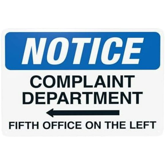 Notice Complaint Department Fifth Office On The Left With Arrow Warning Sign, Office Security Metal Signs for Home Business Outdoor Indoor Wall Safety Caution Custom Decor 12 x 8 Inch