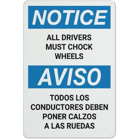 Notice All Drivers Must Chock Wheels Bilingual Spanish Funny Vintage Tin Sign 8"x12" - Wall Art Decor Iron Poster for Home Farmhouse Bar Cafe Yard, Indoor Outdoor Bilingual Chock Sign
