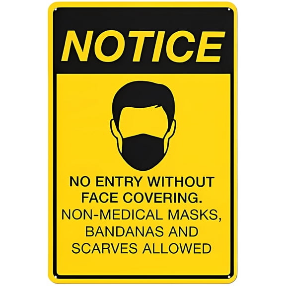 Notice No Entry Without Face Covering Sign - 8"x12" Black and Yellow Aluminum Metal Sign, Fade Resistant, Health Safety Requirement, Business Home Signage