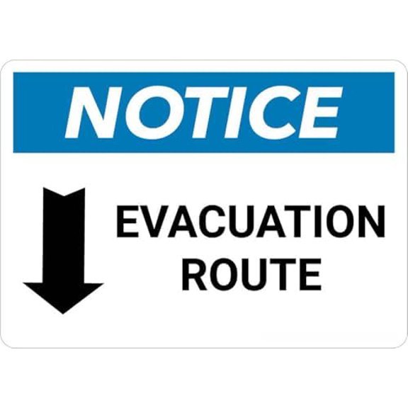 Notice: Evacuation Route with Down Arrow Landscape Metal Sign 8x12 Inch \u2013 Safety for Home, Office, or Workplace