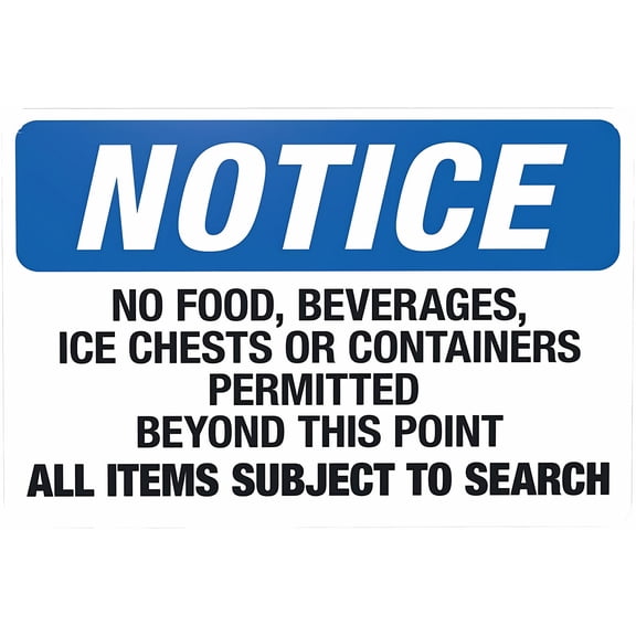 Notice No Food Beverages Ice Chests Or Containers Permitted Beyond This Point Warning Sign - 8"x12" Metal Security Sign, Safety Wall Decor for Home Business Yard Street Road, Multi-Prohibition