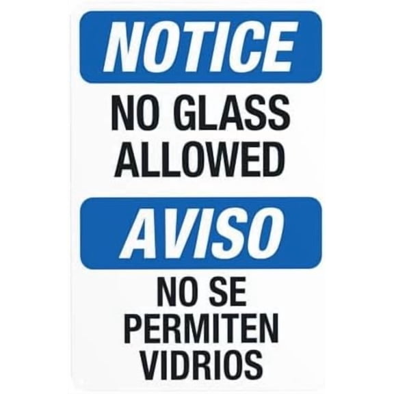 Notice No Glass Allowed Pool Sign, Bilingual Spanish English Warning Sign, Pool Rules Metal Signs for Business Home Outdoor Indoor Wall Caution Custom Decor 8 x 12 Inch
