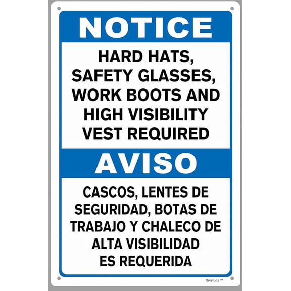 Notice Hard Hats, Safety Glasses, Work Boots and High Visibility Vest Required - 8"x12" Safety Sign, PPE Requirement Decor for Home Business Factory Warehouse