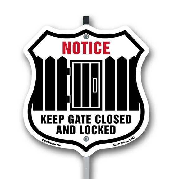Notice Keep Gate Closed And Locked 12 inch X 12 inch Shield Shaped Rust-Free Aluminum Metal Sign with Aluminum Mounting Stake Weather Resistant Made in the USA