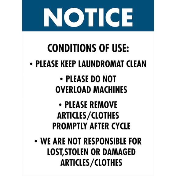 Notice Laundromat Conditions Of Use Metal Tin Sign 8"x12", Durable Clear Guidelines, For Laundromat Laundry Room Indoor Outdoor User Compliance