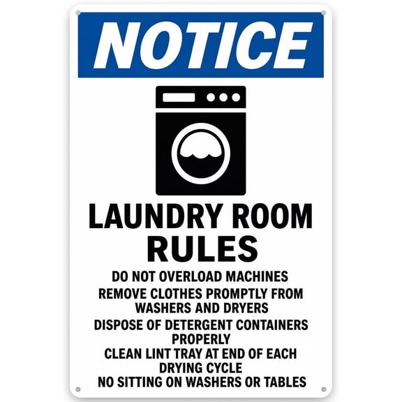 Notice Laundry Room Rules Metal Wall Decor Sign, 8x12 Inch - Easy Hanging Home Decor with Pre-Drilled Holes - Vintage Style for Indoor/Outdoor Use, Weather Resistant - Perfect Laundry Room Decoration