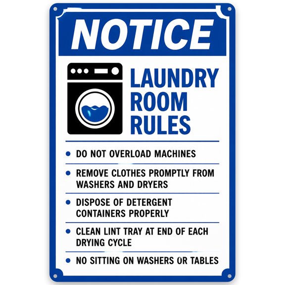 Notice Laundry Room Rules Metal Wall Decor Sign | 8x12 Inch Iron Plaque with Pre-Drilled Holes for Easy Hanging | Rustic Vintage Style Indoor Outdoor Home Decor | Weather Resistant Finish