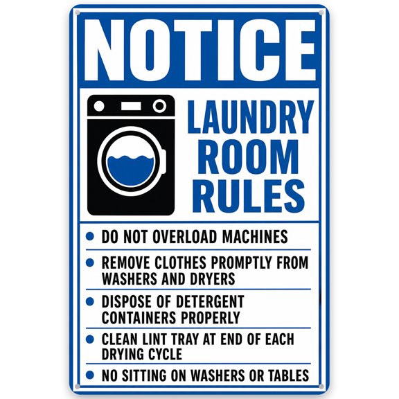 Notice Laundry Room Rules Metal Wall Decor Sign 8x12 Inch - Iron Sign with Pre-Drilled Holes for Easy Hanging, Vintage Style Home Decor, Indoor/Outdoor Use, Weather Resistant Finish