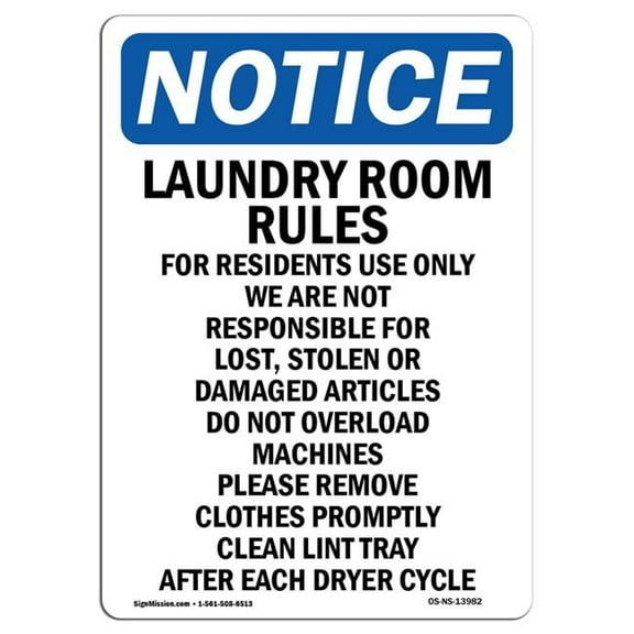 Notice Laundry Room Rules for Residents OSHA Decal Sign