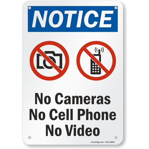 Notice - No Cameras, Cell Phone, Video Sign | 10" x 14" Plastic Black/Blue/Red on White