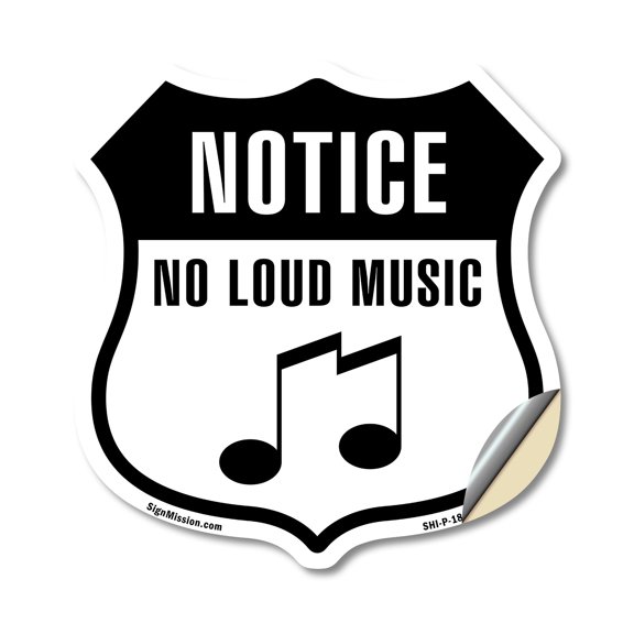 Notice No Loud Music (5 Pack) 4 inch X 4 inch Shield Shaped Heavy Duty 3.2 mil Vinyl Decals Weather Resistant Made in the USA