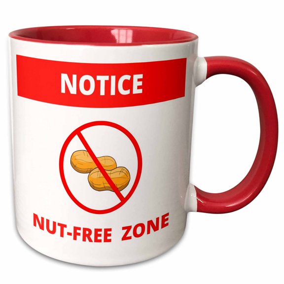 3drose, Notice Nut Free Zone Warning Sign - No Nuts or Peanuts Allowed Red, 11oz Two-tone Red Mug