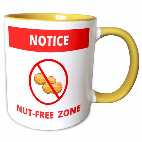 3drose, Notice Nut Free Zone Warning Sign - No Nuts or Peanuts Allowed Red, 11oz Two-tone Yellow Mug