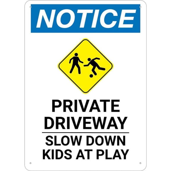 Notice Private Driveway Slow Down Kids At Play Portrait 12 X 8 Inch Metal Sign, Rustproof Aluminum, Multicolor