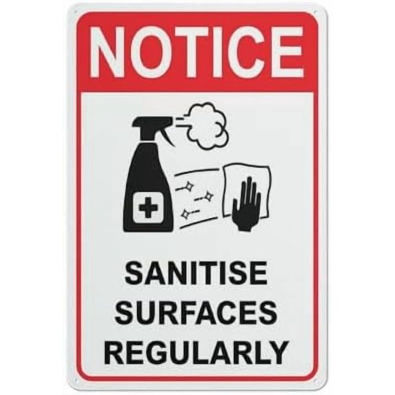 Notice Sanitise Surfaces Regularly Red Sign Signs Outdoor, Uv Printed Aluminum 12 X 8 In, Weatherproof And Signs For Home Or Business