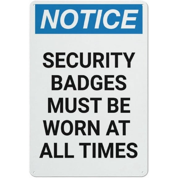 Notice Security Badges Must Be Worn At All Times Sign, 12 X 8 Inches Rust Free Aluminum Metal Sign, Weather Resistant Durable In Easy To Mount