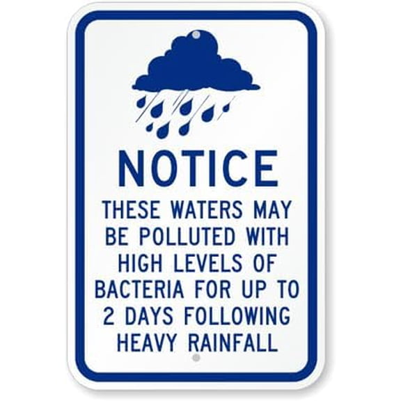 Notice Sign: These Waters May Be Polluted With High Levels Of Bacteria For Up To 2 Days Following Heavy Rainfall Man Cave Garage Shop Bar Restaurant Home Decor Metal Sign, 12" x 8"