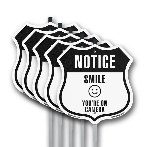 Notice Smile You're on Camera (5 Pack) 12 inch X 12 inch Shield Shaped Rust-Free Aluminum Metal Signs with Aluminum Mounting Stakes Weather Resistant Made in the USA