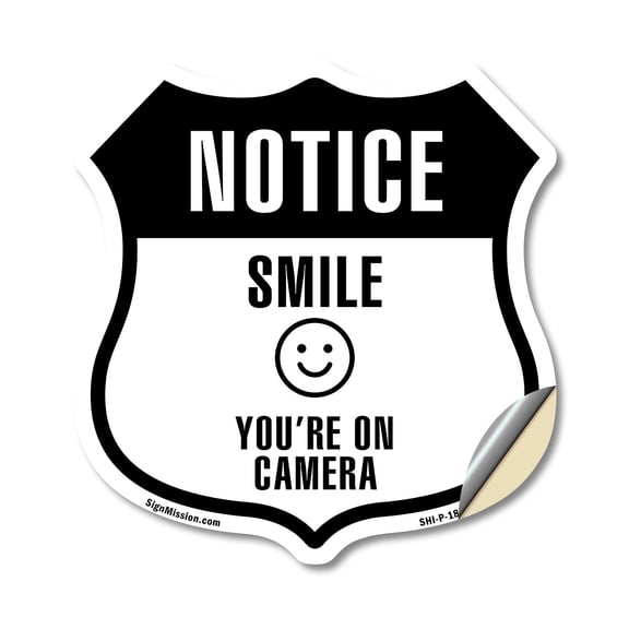 Notice Smile You're on Camera (2 Pack) 12 inch X 12 inch Shield Shaped Heavy Duty 3.2 mil Vinyl Decals Weather Resistant Made in the USA