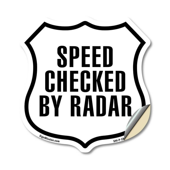 Notice Speed Checked By Radar (5 Pack) 4 inch X 4 inch Shield Shaped Heavy Duty 3.2 mil Vinyl Decals Weather Resistant Made in the USA
