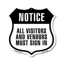 Notice All Visitors And Vendors Must Sign In (5 Pack) 12 inch X 12 inch Shield-Shaped Rust-Free Aluminum Metal Signs Weather Resistant Made in the USA