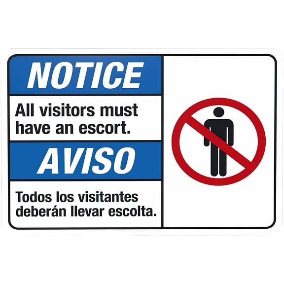 Notice All Visitors must Have An Escort Bilingual Warning Sign - 8"x12" Visitor Security Metal Sign for Home Business Road Yard Garage Street Wall, Bilingual Zone