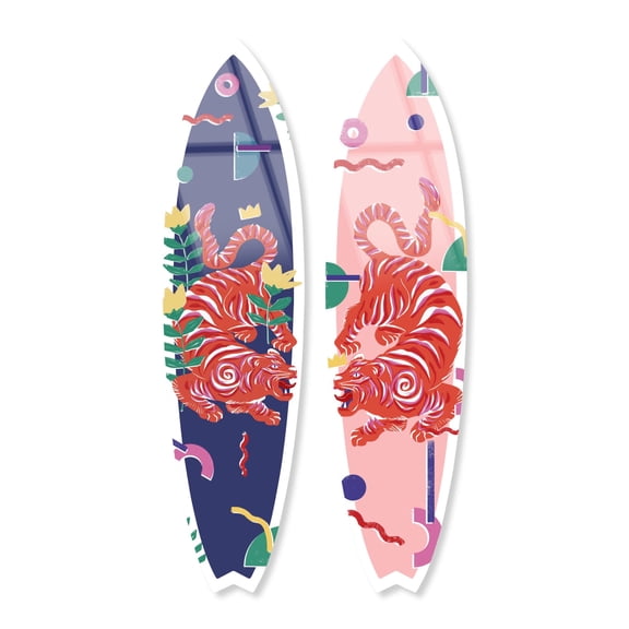 Notoriart Crimson Tiger Surfboard Set Acrylic Wall Art Die-Cut Coastal Modern High-Gloss Home Decor, 15" x 60"