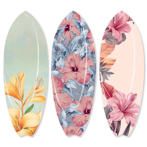 Notoriart Floral Botanical Coastal Acrylic Wall Art Easy-to-Hang, 3 panel 13" x 37", Pastel Floralia Skimboard Set