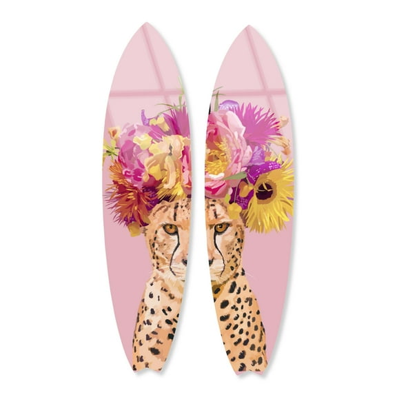 Notoriart Flower Queen Surfboard Diptych Acrylic Wall Art Die-Cut Coastal Modern High-Gloss Home Decor, 15" x 60"