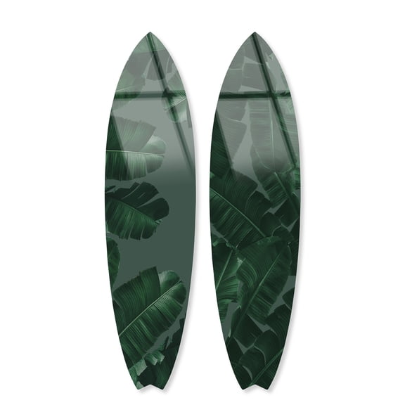 Notoriart Green Leaves Surfboard Diptych Acrylic Wall Art Die-Cut Coastal Modern High-Gloss Home Decor, 15" x 60"