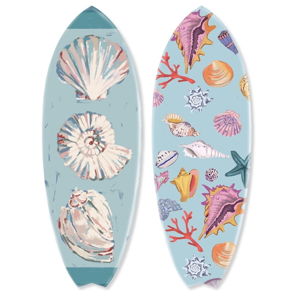Notoriart Retro Coastal Art Coastal Acrylic Wall Art Easy-to-Hang, 2 panel 13" x 37", Seashells Skimboard Set