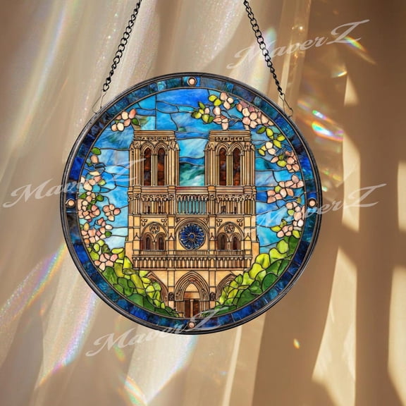 Notre Dame Cathedral Glass Suncatcher, Round Paris Landmark, Architecture, 3.5 in