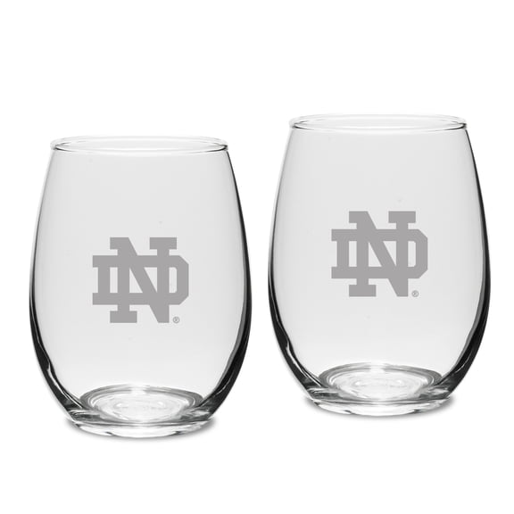 Notre Dame Fighting Irish Set of 2 Deep Etched Engraved Logo Stemless Wine Glasses