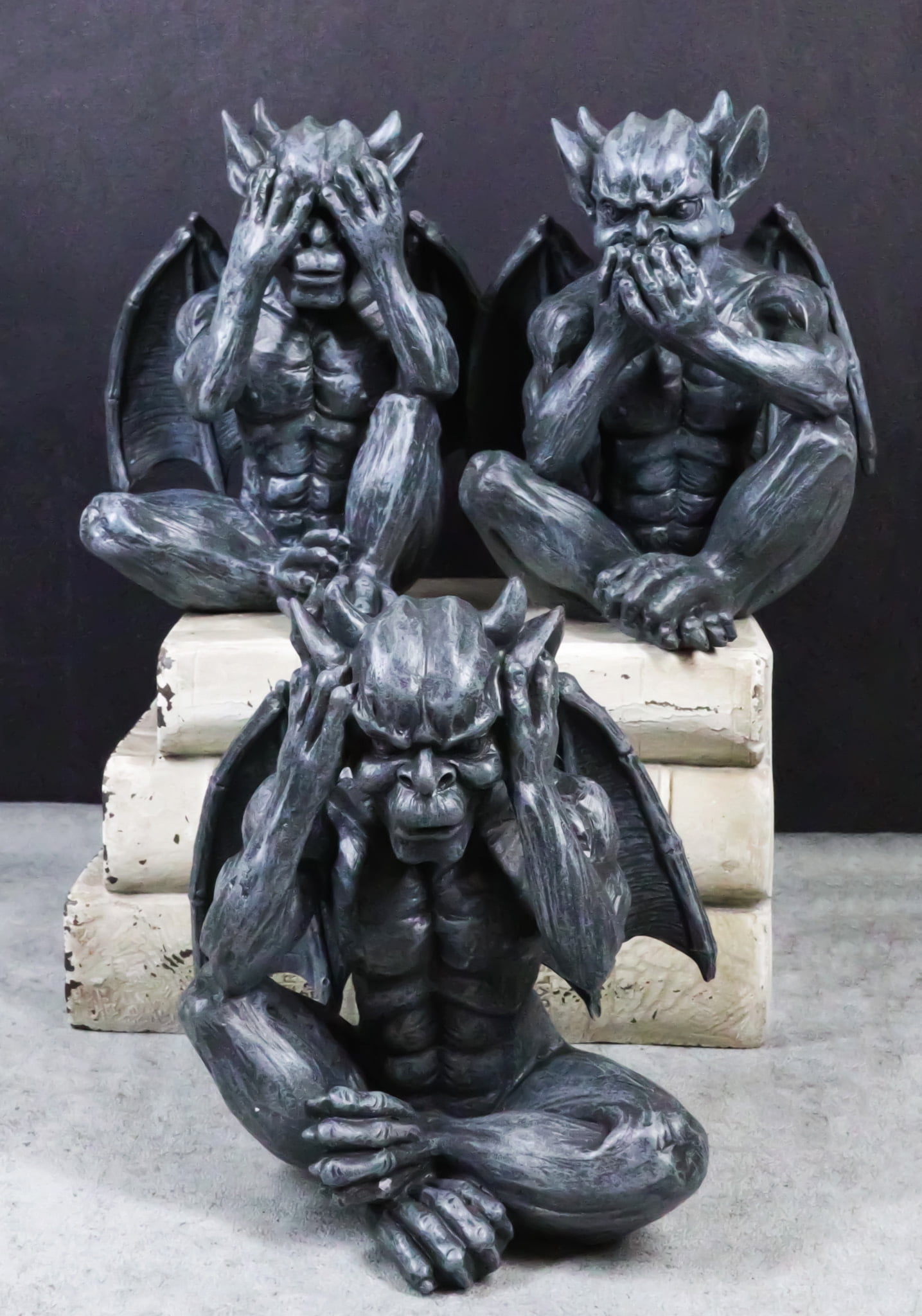 Gray Resin Hear, See, Speak No Evil Gargoyle Figurines Set