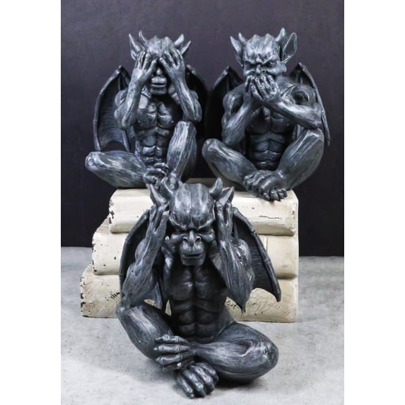 Notre Dame Gothic Winged See hear Speak No Evil Sitting Gargoyles Figurine Set