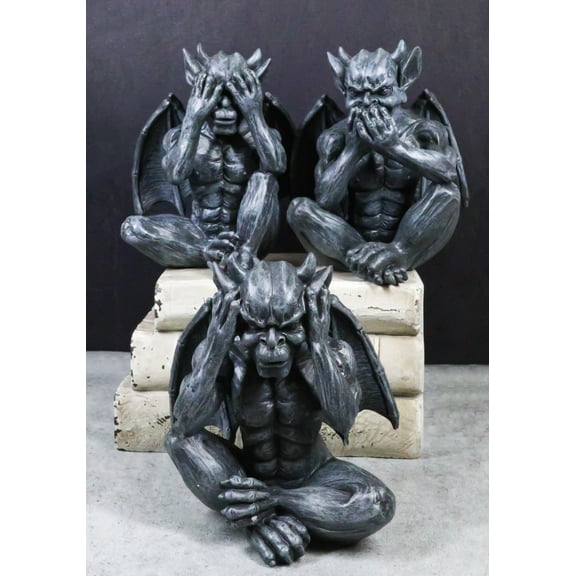 Notre Dame Gothic Winged See hear Speak No Evil Sitting Gargoyles Figurine Set