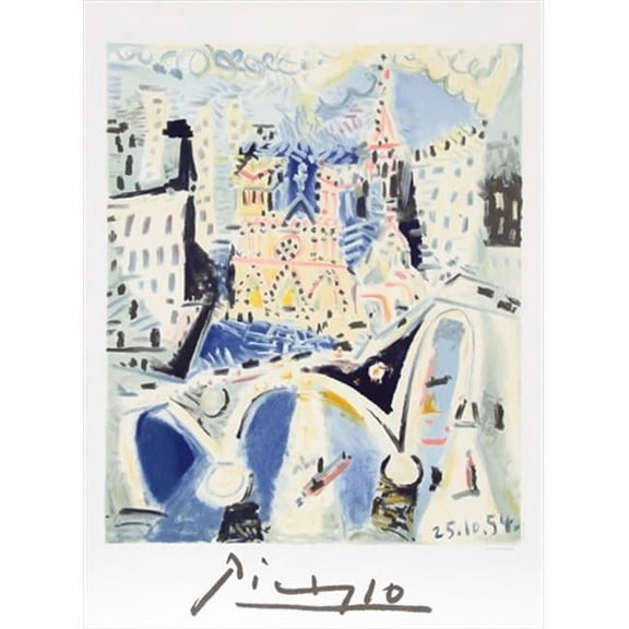 Notre Dame, Lithograph on Paper 29 In. x 22 In. - Blue, White, Black