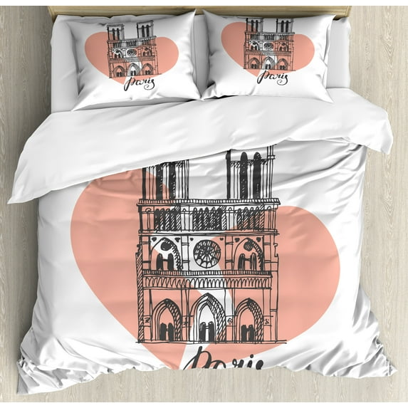 Notre Dame de Paris Duvet Cover Set, Art Illustration of French Building with Broken Heart, Decorative 3 Piece Bedding Set with 2 Pillow Shams, Calking Size, Blush and Charcoal Grey, by Ambesonne