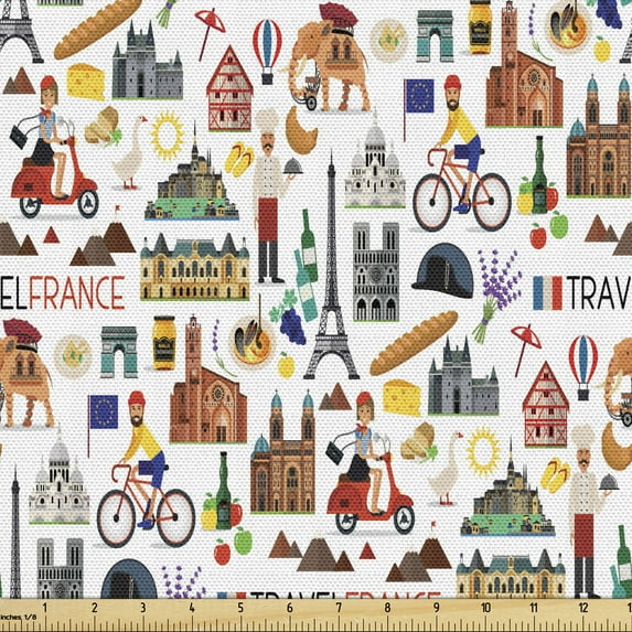 Ambesonne Notre Dame de Paris Fabric by the Yard Upholstery, Travel Map, 10 Yards, Multicolor