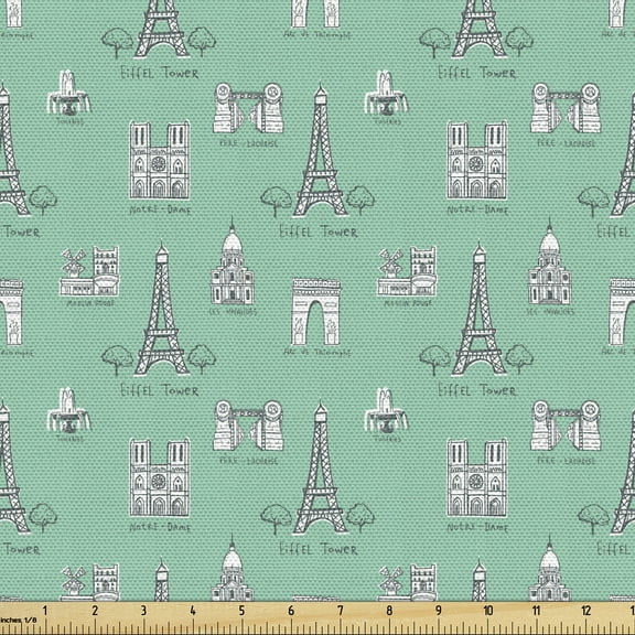 Ambesonne Notre Dame de Paris Fabric by the Yard Upholstery, French, 3 Yards, Seafoam White