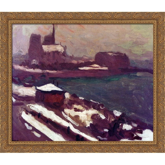 Notre-Dame in Winter 34x28 Large Gold Ornate Wood Framed Canvas Art by Albert Marquet