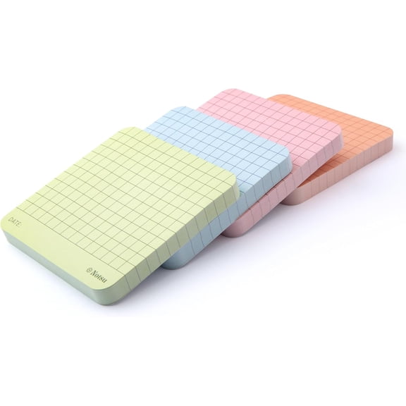 Notsu Graph Grid Sticky Notes 4pk | Premium Thick Paper 120g | Colorful Pastel Graphing Memo Pads with Date, 3" x 3"